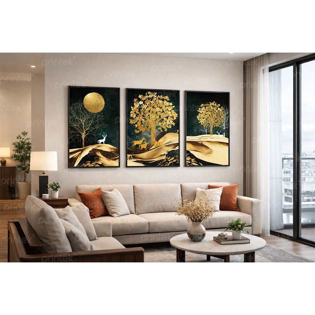 Bộ 3 tranh hươu tài lộc, đã có khung - ST8555
