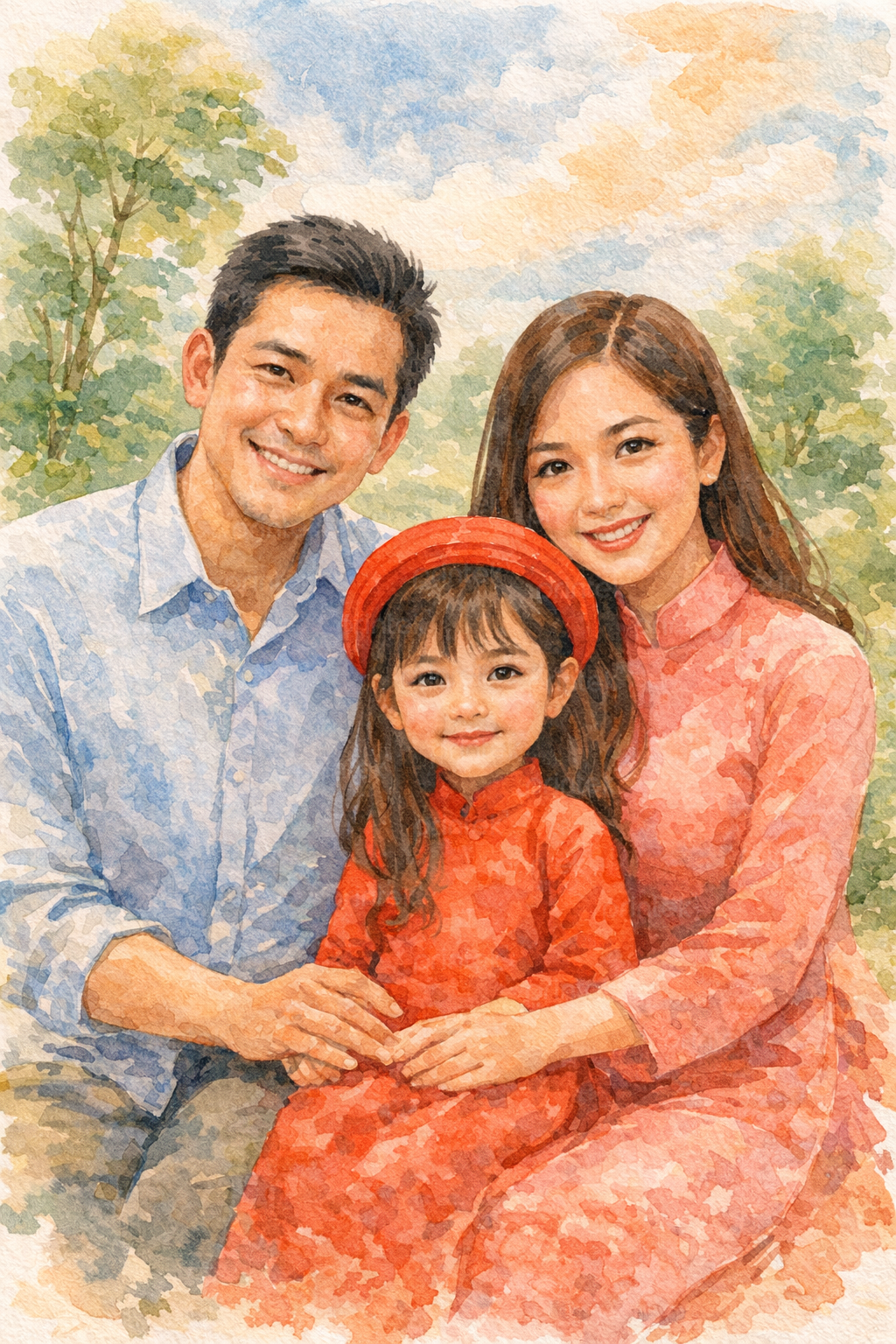 Tranh gia đình phong cách màu nước in theo yêu cầu - ID2301