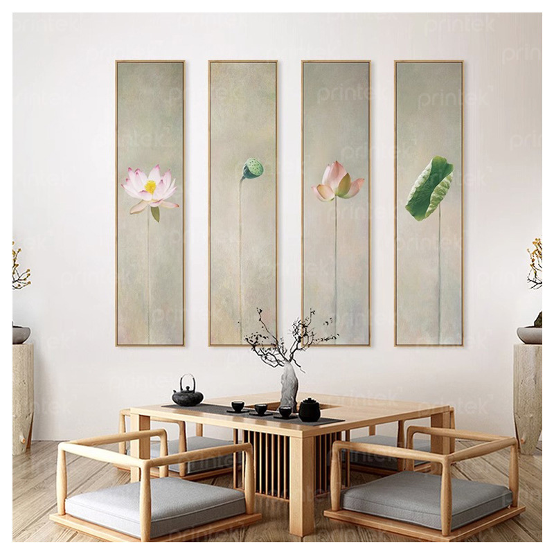 Bộ 4 tranh hoa sen trang trí phòng trà đạo, phòng thiền - HS1213