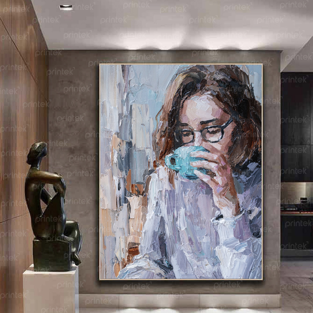 Tranh chân dung cô gái uống cafe - ST220940