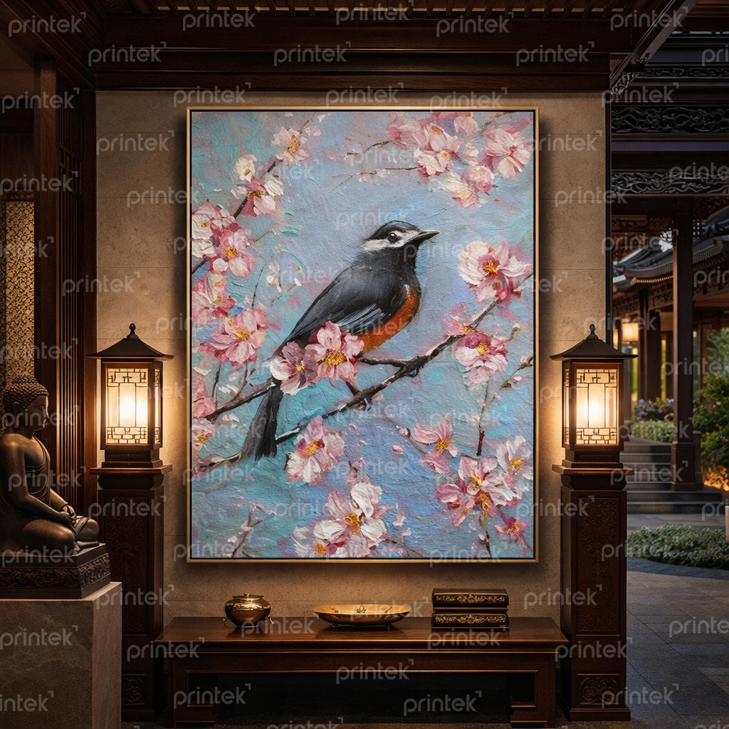 Tranh chim đậu trên cành hoa xuân – MS020