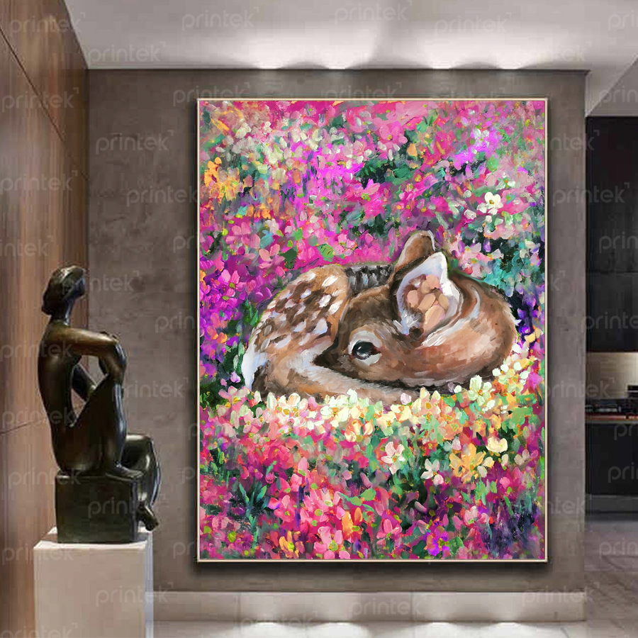 Tranh chú hươu trong rừng hoa, đã có khung – ST220971