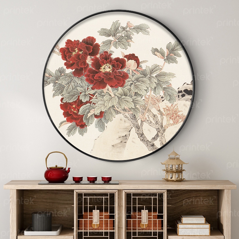Tranh tròn hoa mẫu đơn, đã có khung  - TT15423