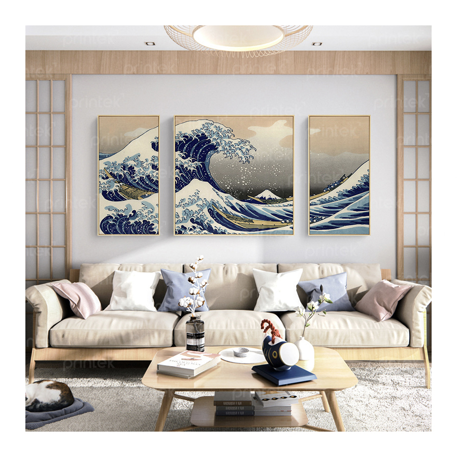 Bộ 3 tranh "Sóng lừng ngoài khơi Kanagawa", đã có khung - PC1776