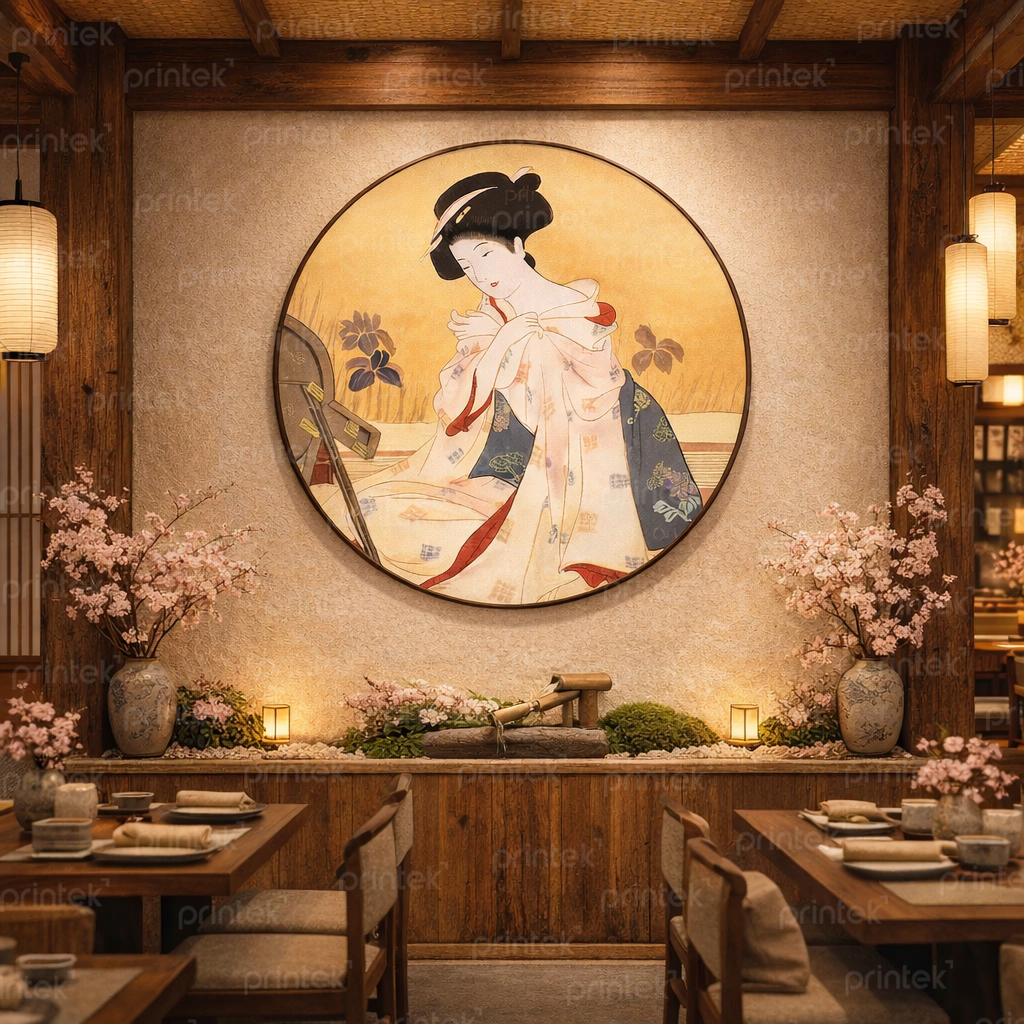 Tranh tròn cô gái mặc kimono trang trí nhà hàng Nhật Bản - NB012