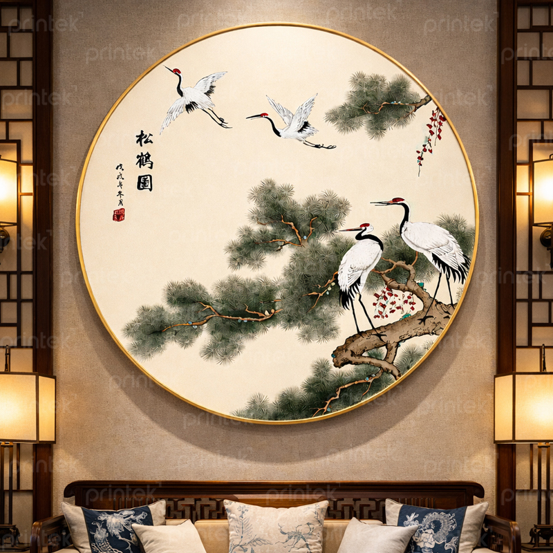 Tranh tròn treo tường, tranh tùng hạc diên niên - TM0112