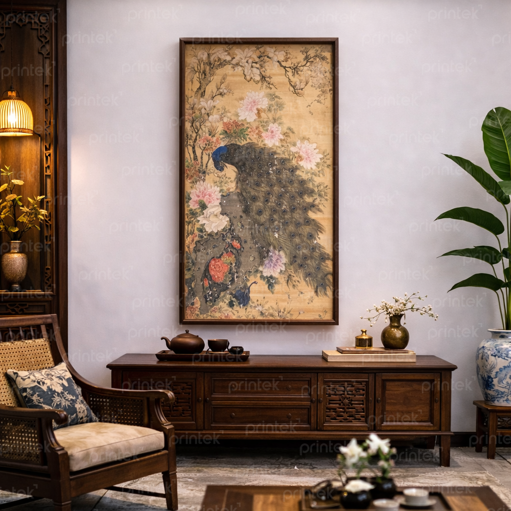 tranh chim công và hoa mẫu đơn
