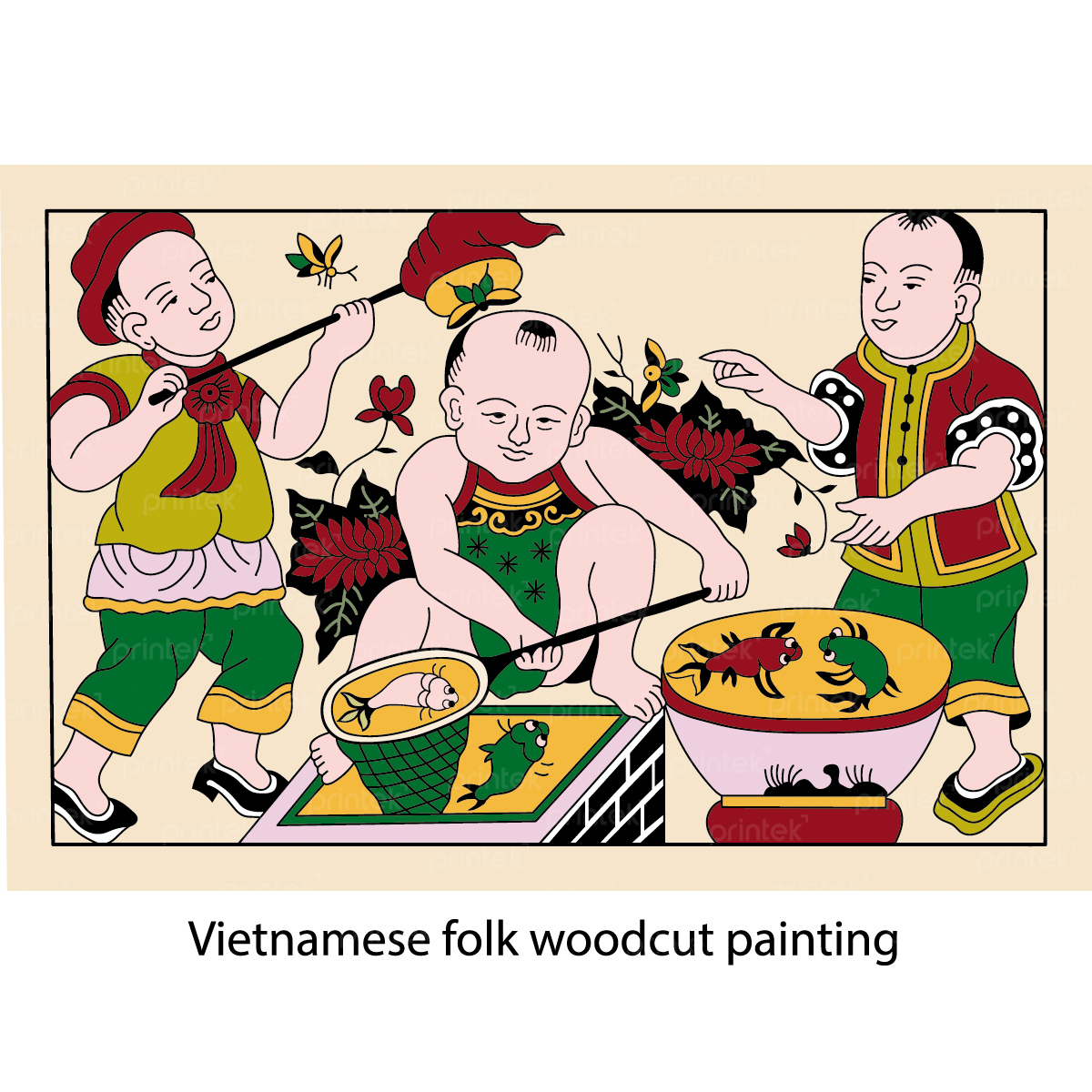 Tranh Đông Hồ, bức Cá Chậu - 3 bé bắt cá  – DC-VN26