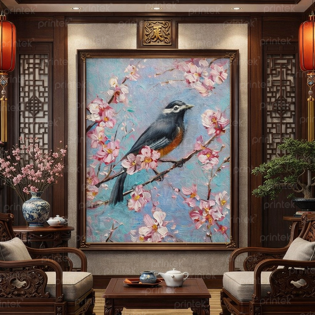 tranh chim đậu trên cành hoa xuân