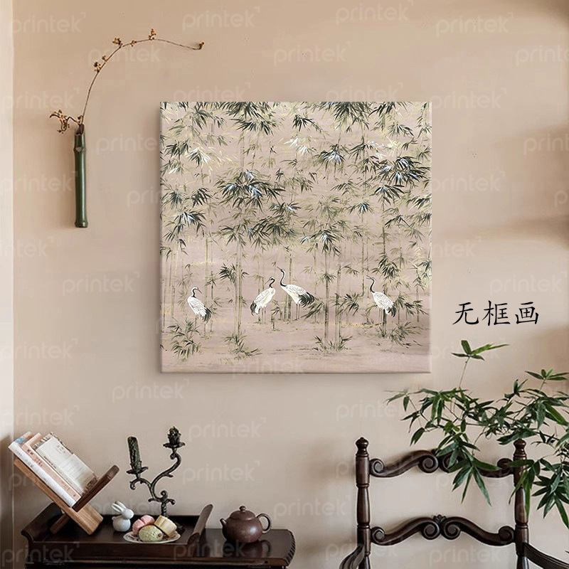 Tranh chim hạc rừng trúc trang trí phòng trà - TM1018