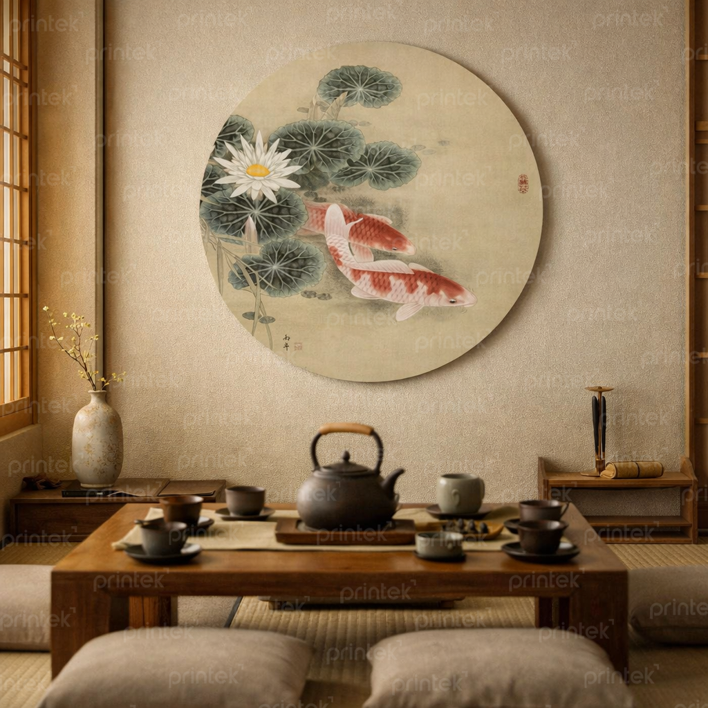 Tranh tròn cá chép decor phòng thờ, phòng trà - TT0436