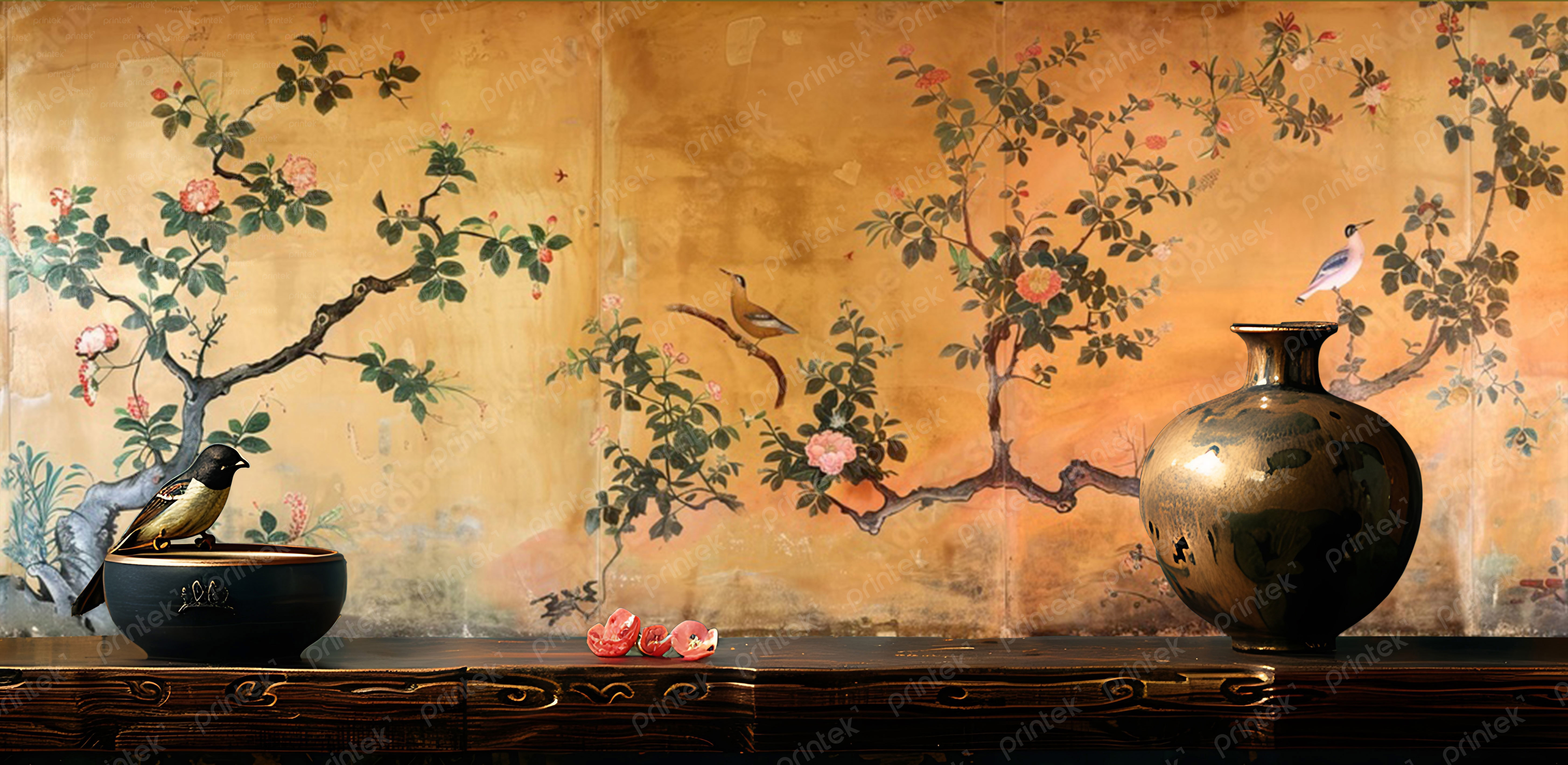 Tranh vải dán tường hoa và chim, phong cách Indochine - ID756299