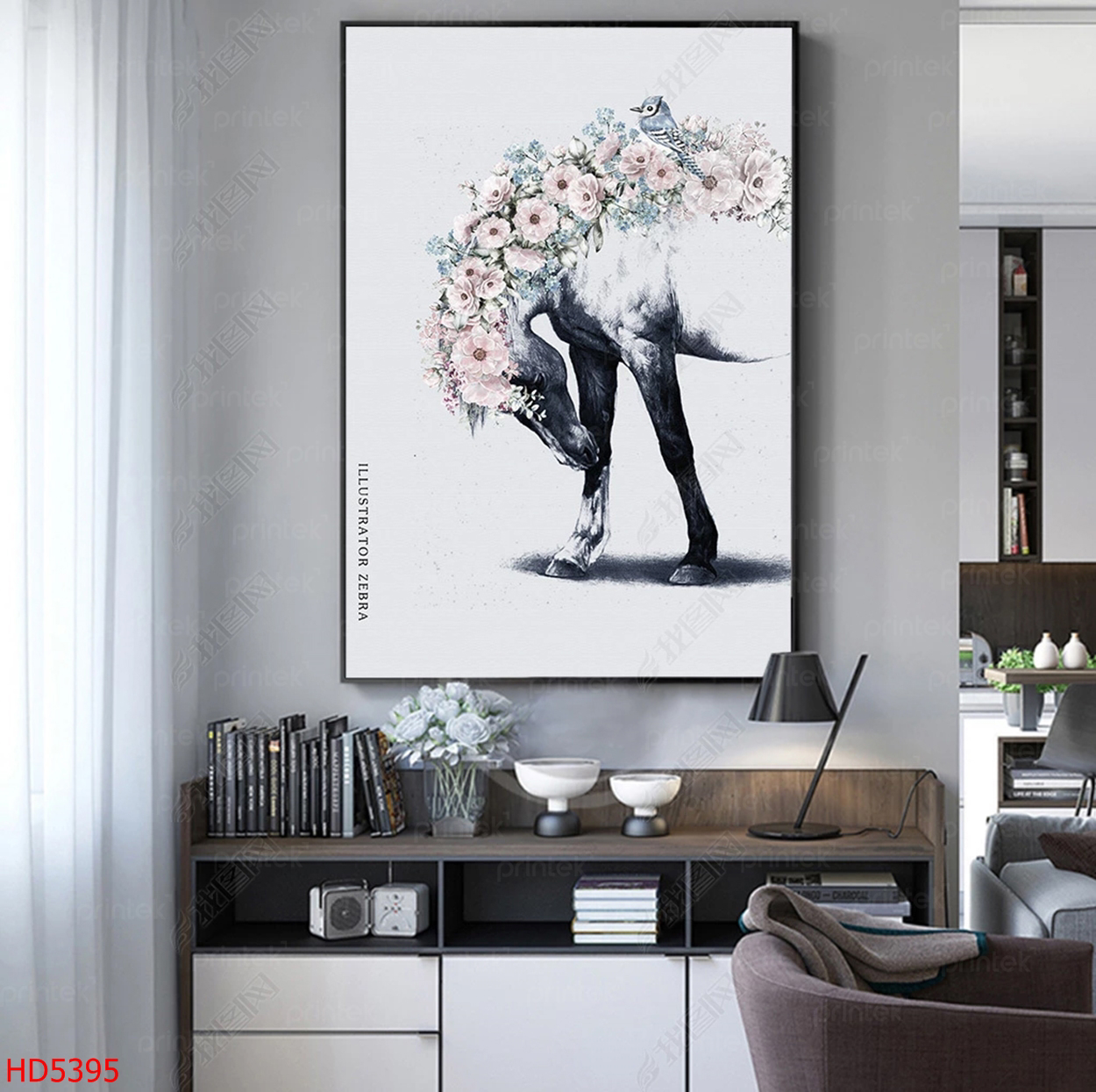 Tranh ngựa và hoa trang trí phòng khách – HD5395